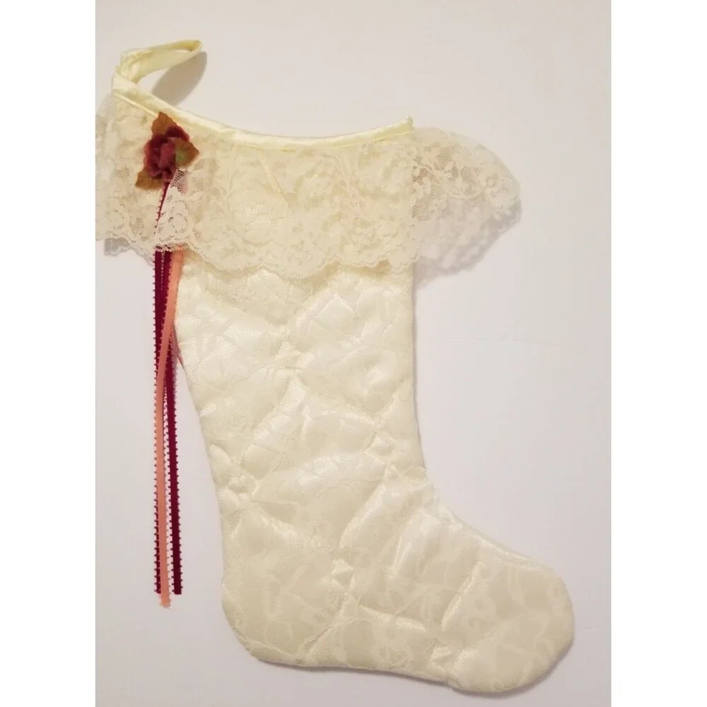 Victorian Stocking Hanging Flower Ribbon Lace Overlay Quilted French Country